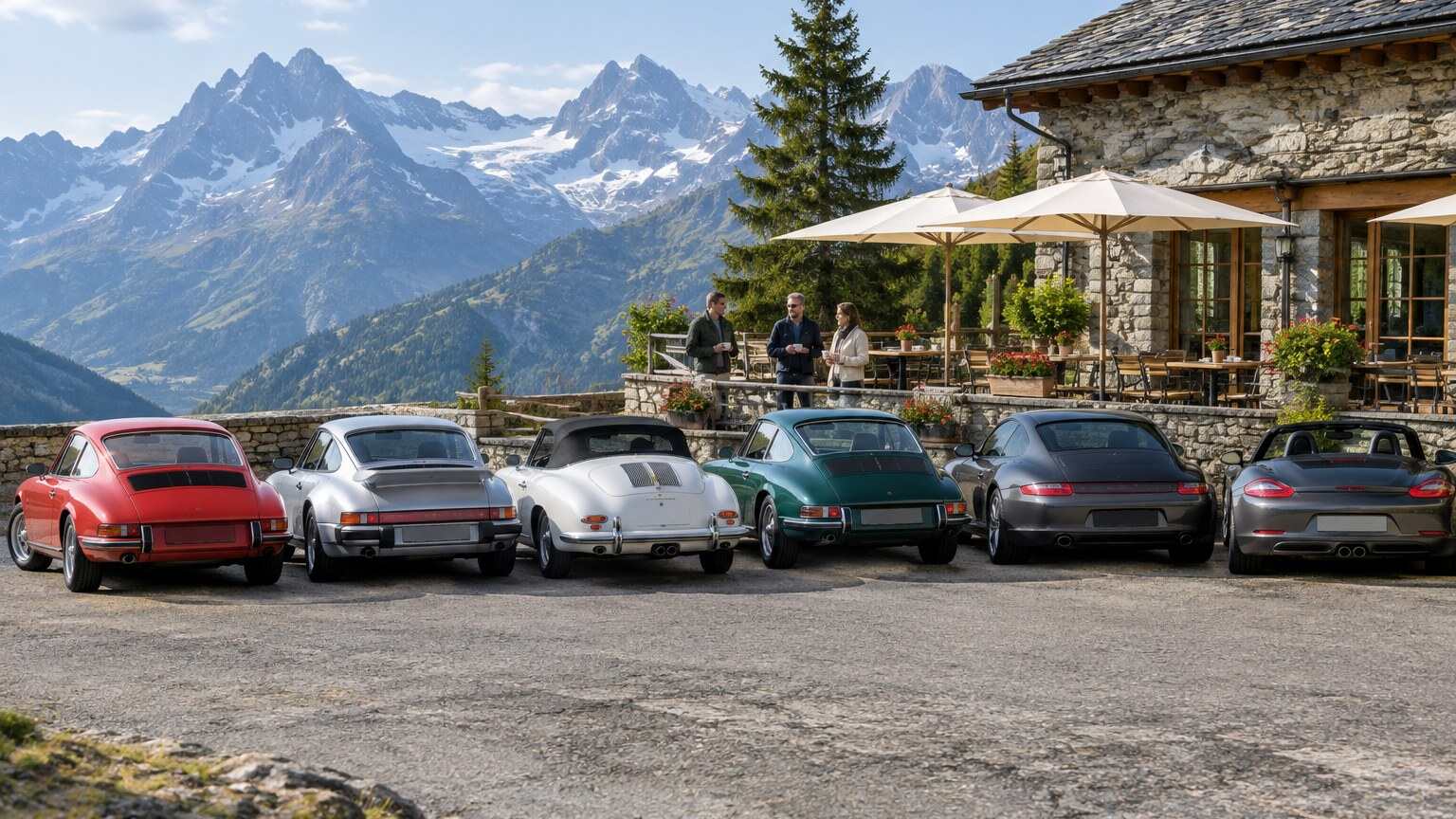 A row of sports cars parked outside a mountain cafe
