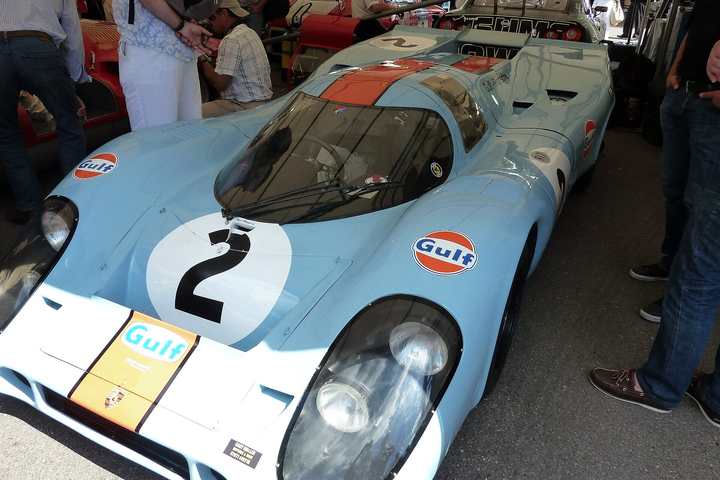 A Gulf-liveried Porsche 917K in the paddock at the Goodwood Festival of Speed in 2011