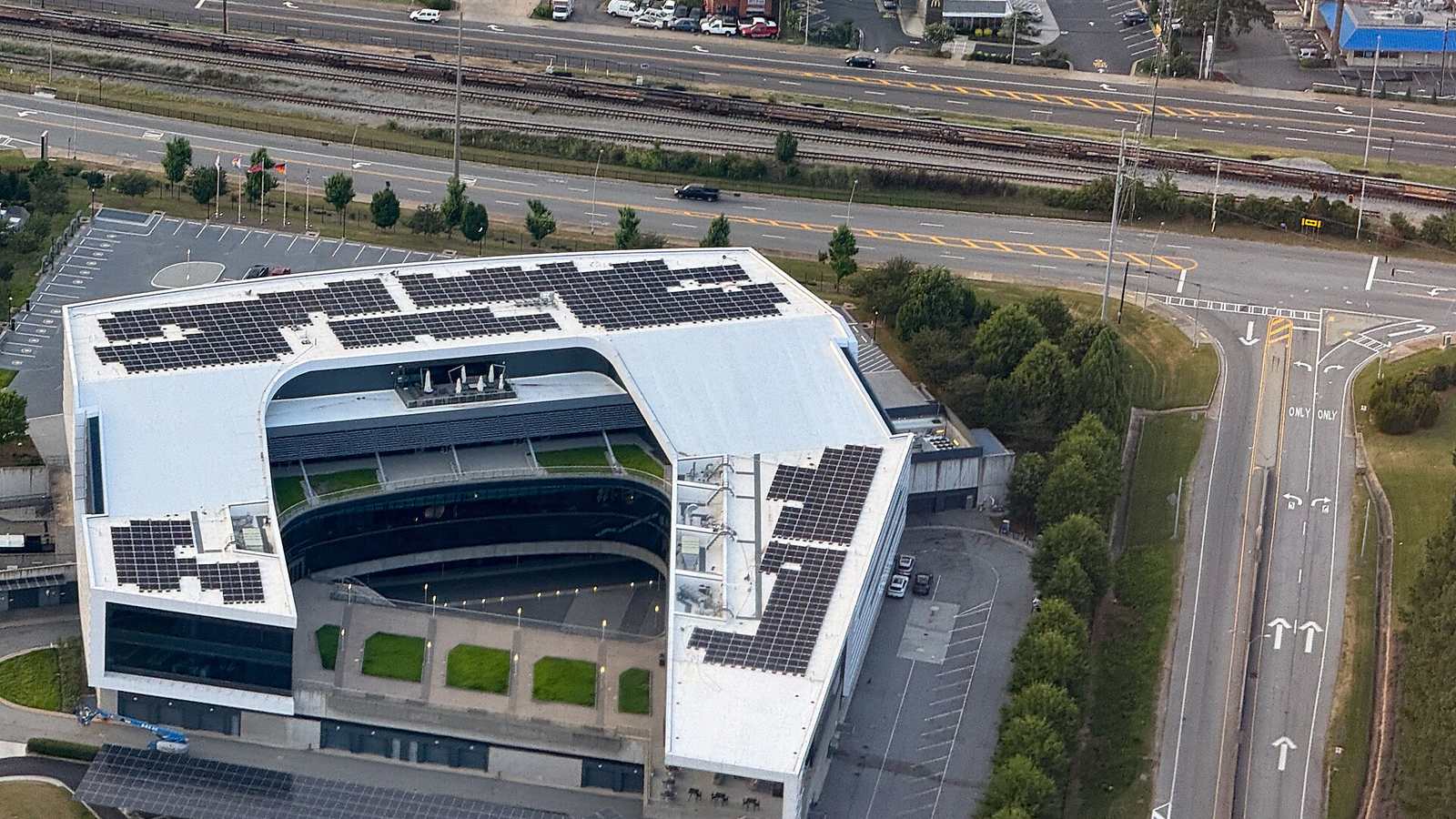 Aerial view of the Porsche Cars North America headquarters and Experience Center in Atlanta