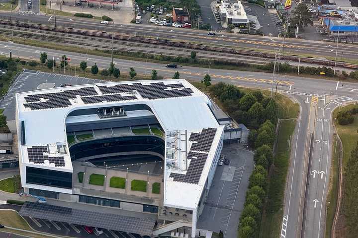 Aerial view of the Porsche Cars North America headquarters and Experience Center in Atlanta