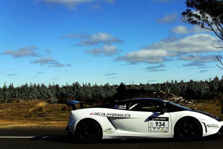 A competition car on a closed-road stage of Targa Tasmania