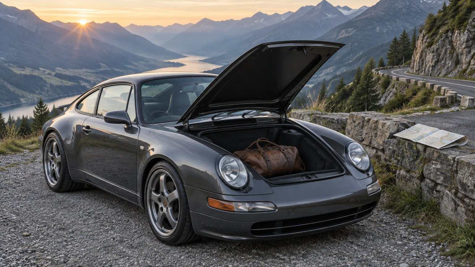 A grey sports coupé parked at a mountain lay-by at dawn with its front boot open, a soft bag inside and a road map on the wall beside it