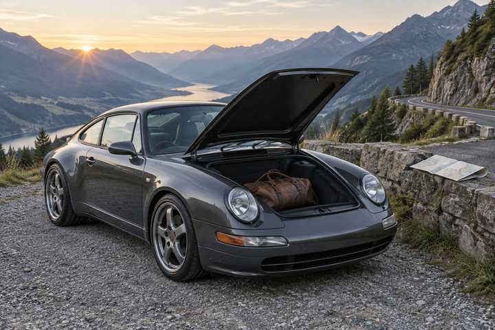A grey sports coupé parked at a mountain lay-by at dawn with its front boot open, a soft bag inside and a road map on the wall beside it