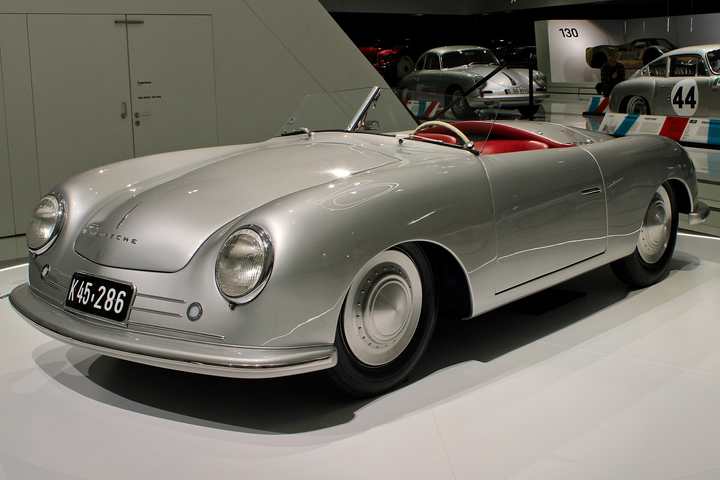 The silver Porsche 356 No. 1 Roadster of 1948 on display