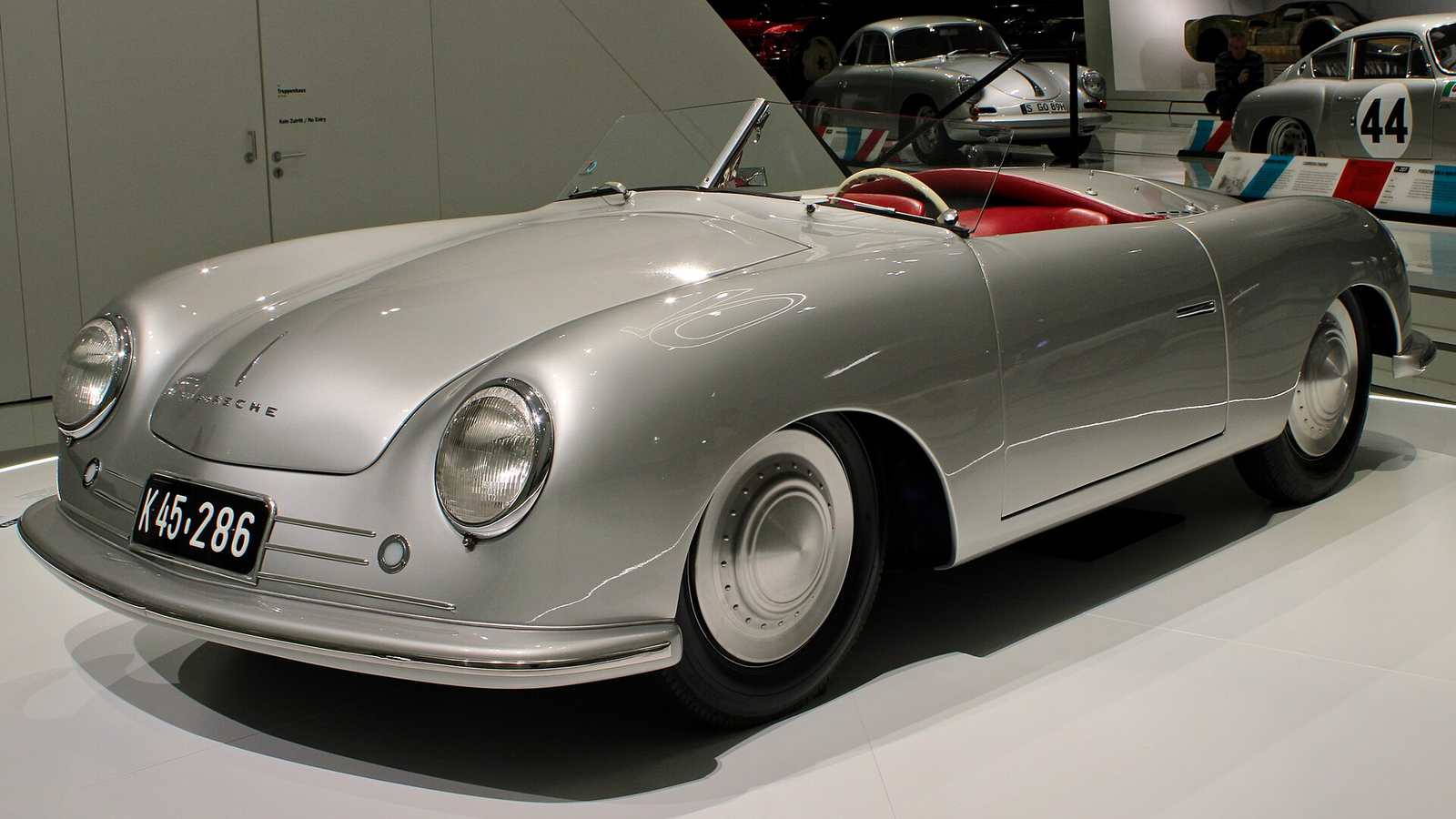 The silver Porsche 356 No. 1 Roadster of 1948 on display
