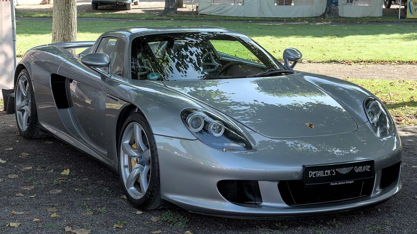 A silver Porsche Carrera GT parked on grass at a classic car event