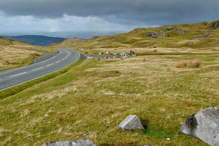 The A4069 Black Mountain Pass curving across open Welsh moorland