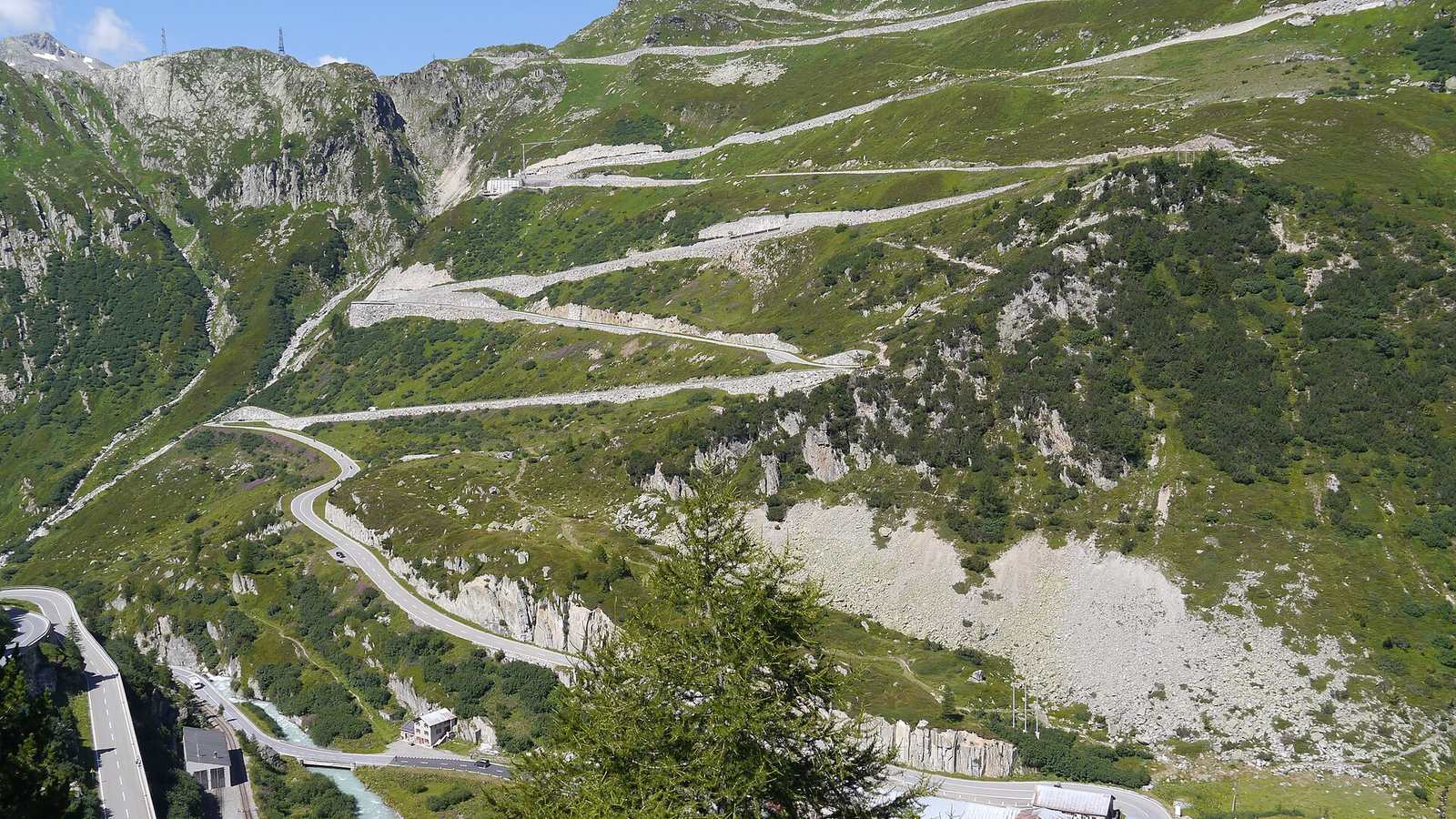 View from the Furka Pass across to the hairpins of the Grimsel Pass in Switzerland
