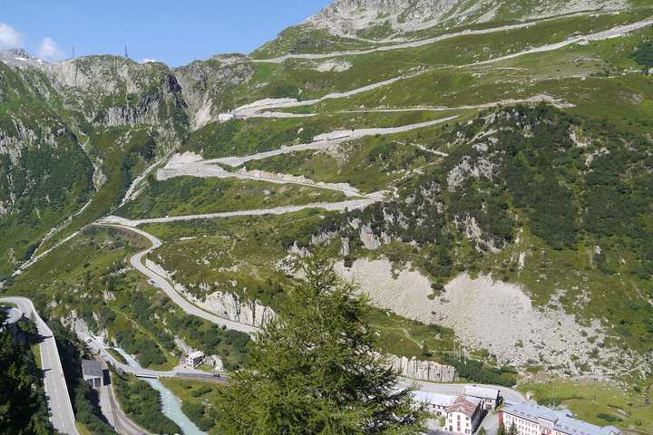 View from the Furka Pass across to the hairpins of the Grimsel Pass in Switzerland