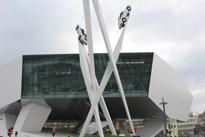 The Porsche Museum building on Porscheplatz in Stuttgart-Zuffenhausen